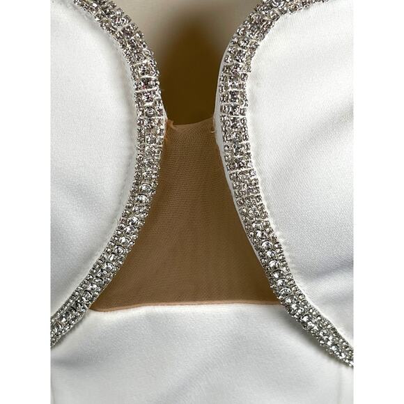 Self-Portrait Bonded Crepe Puff Sleeve Crystal Embellished White Mini Dress Sz 2 - Picture 7 of 13